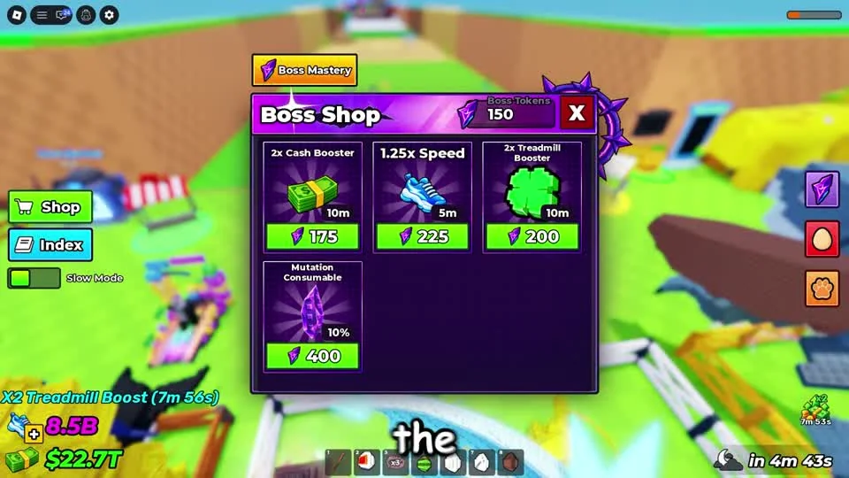 Boss Shop listing separate timed Cash, Speed and Treadmill booster cards