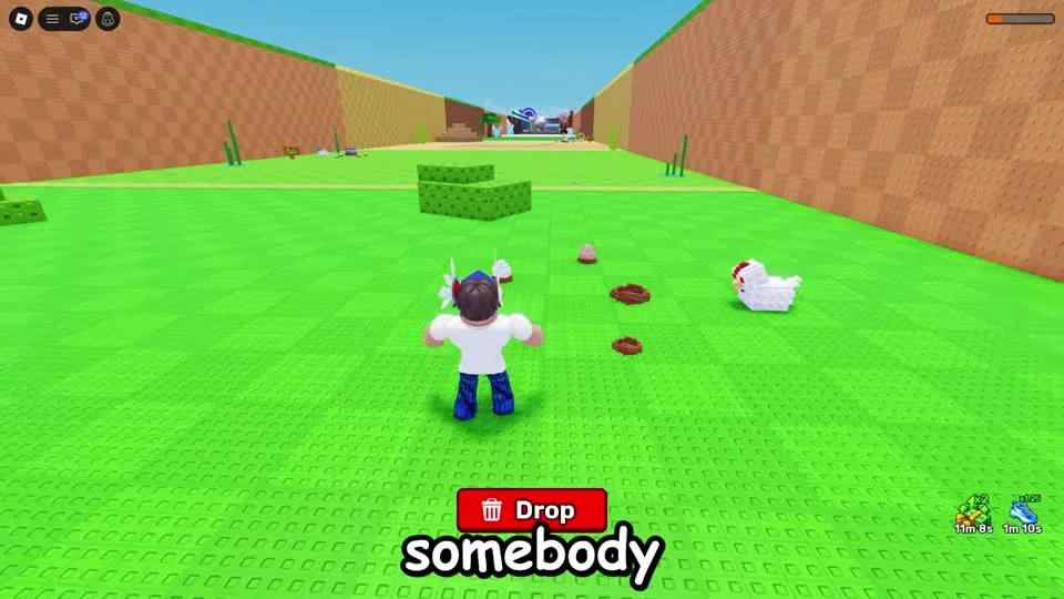 Player carrying an egg among chickens near the beginning of the route