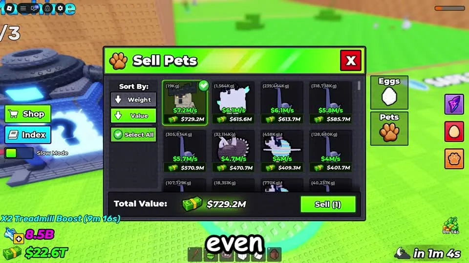 Sell Pets panel showing selected inventory, Total Value and the Sell button