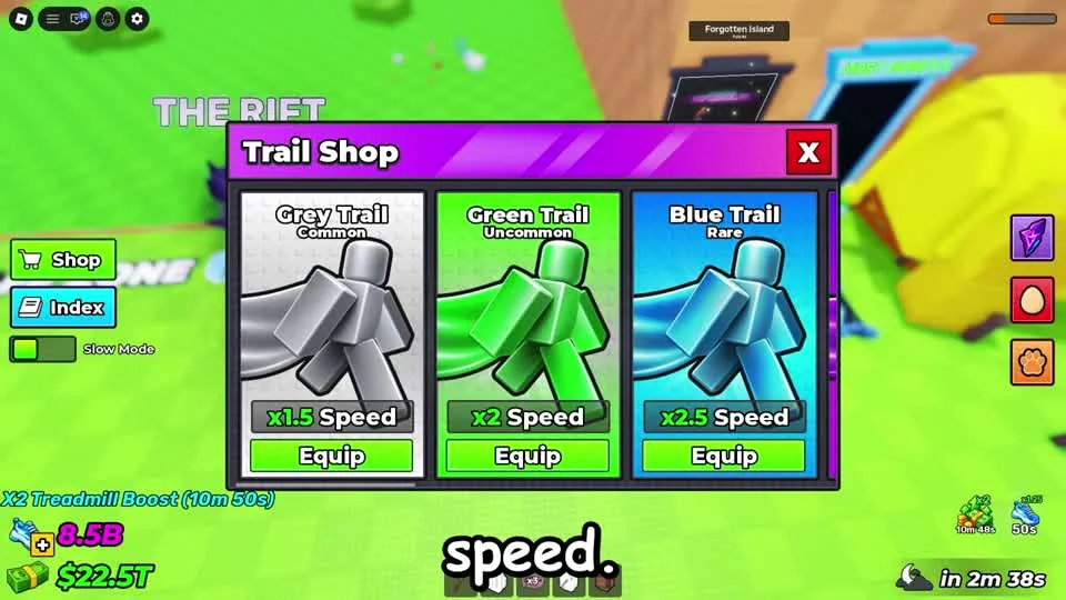 Trail Shop showing speed multipliers and Equip controls on owned trails